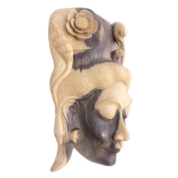 Alternate image for Hand Carved Hibiscus Wood Mask Lady of the Jungle