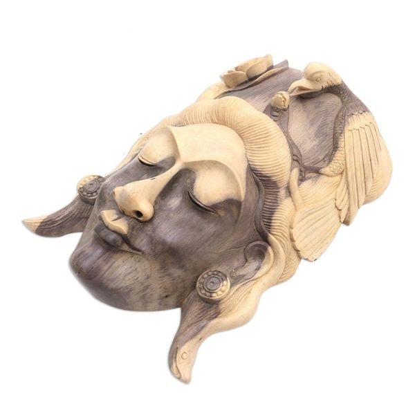 Alternate image for Hand Carved Hibiscus Wood Mask Lady of the Jungle