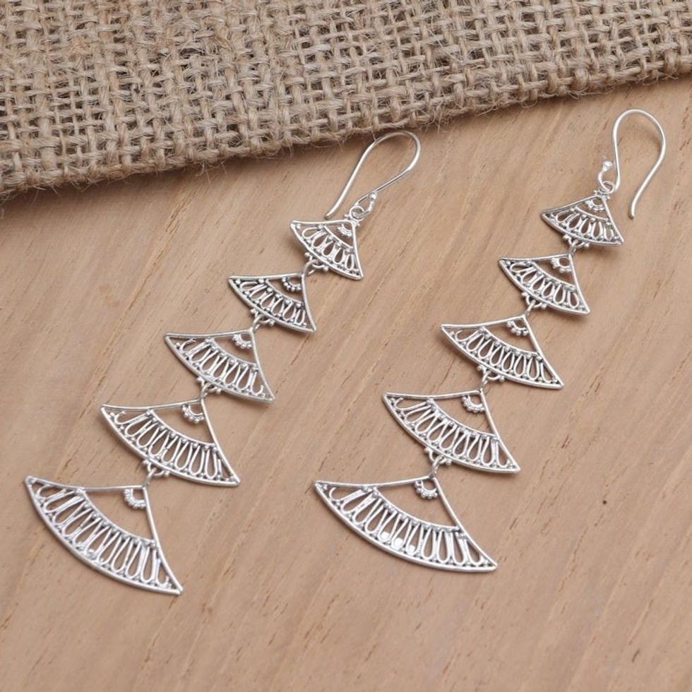 Hand Crafted Sterling Silver Dangle Earrings 'Hand Fan'