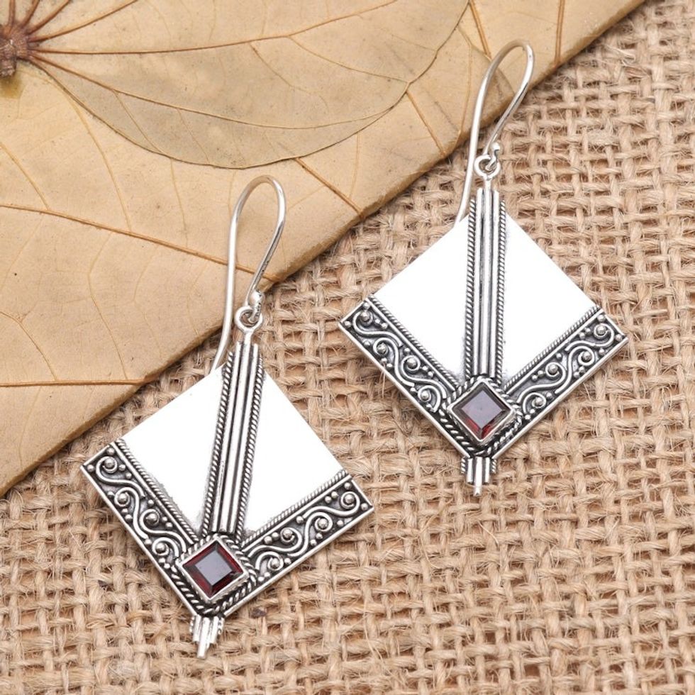 Sterling Silver and Garnet Dangle Earrings 'Floating Kite in Red'