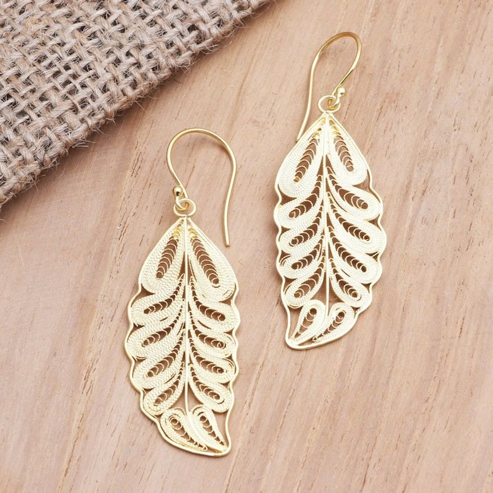 Gold-Plated Leaf Motif Dangle Earrings 'Forest Life'