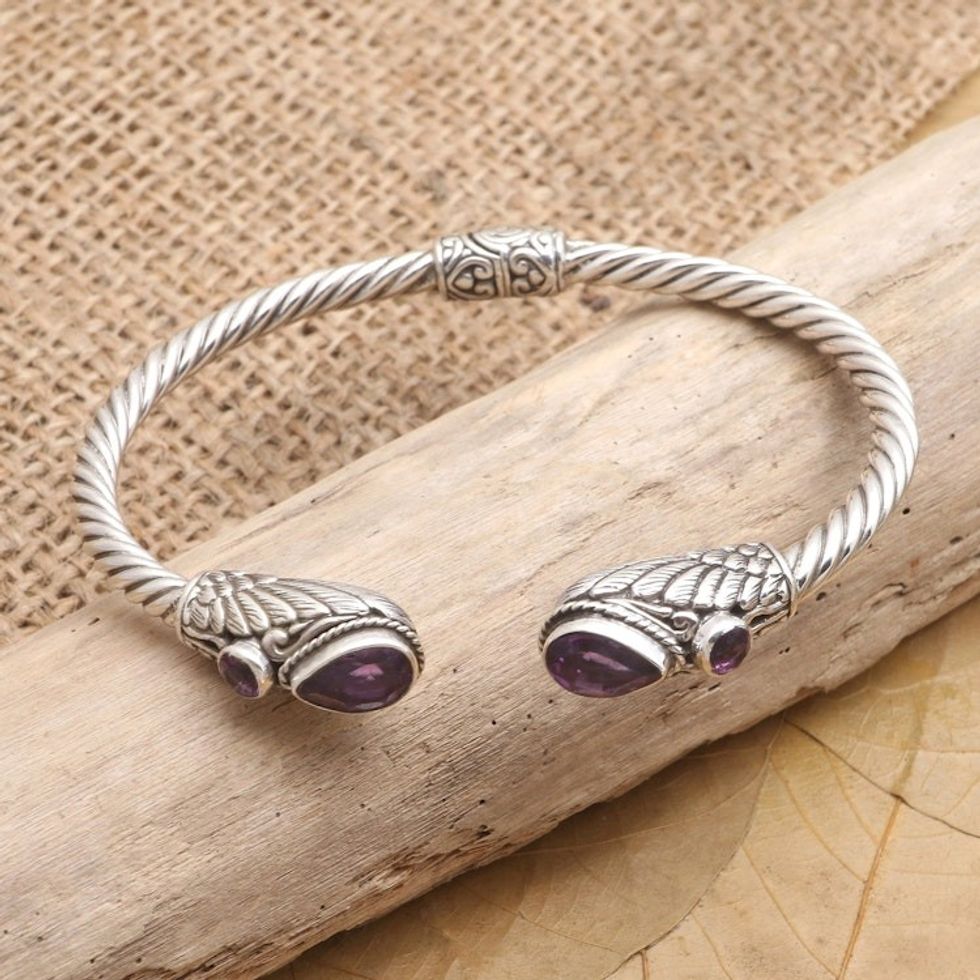 Handmade Amethyst and Sterling Silver Cuff Bracelet 'Royal Wings'
