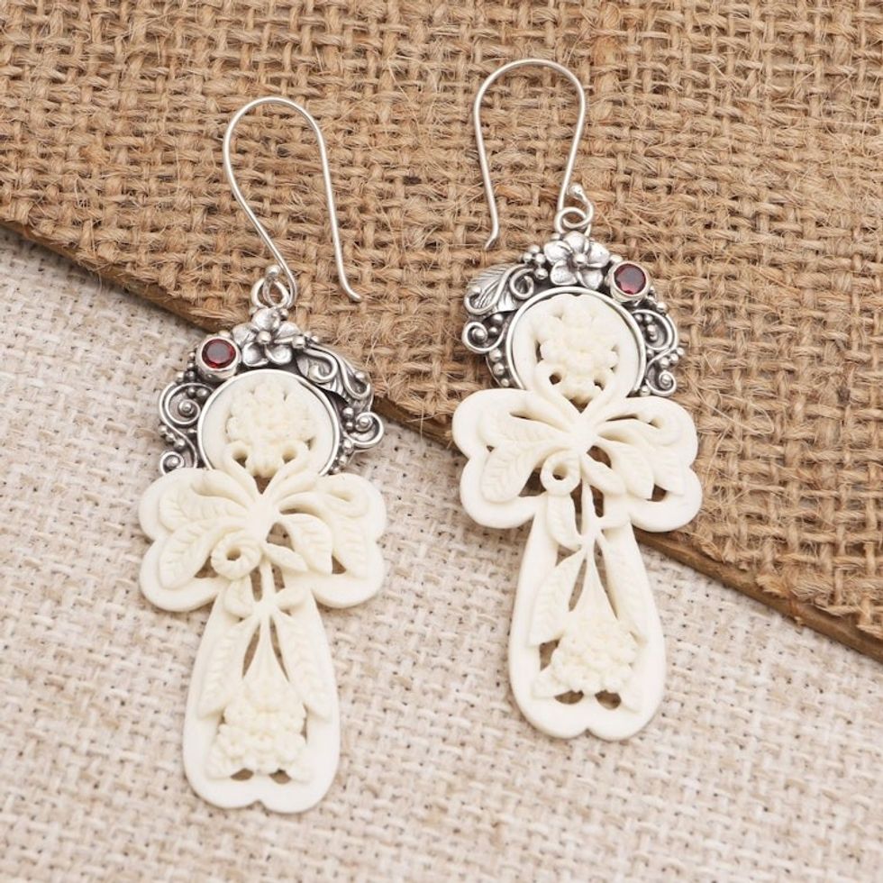 Garnet and Bone Floral Dangle Earrings 'Frangipani Summer'