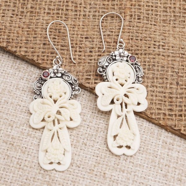 Alternate image for Garnet and Bone Floral Dangle Earrings Frangipani Summer