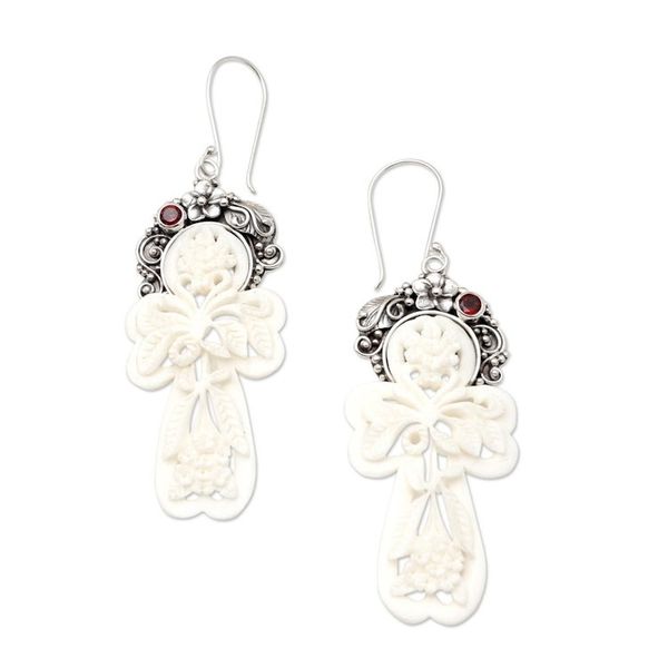 Alternate image for Garnet and Bone Floral Dangle Earrings Frangipani Summer