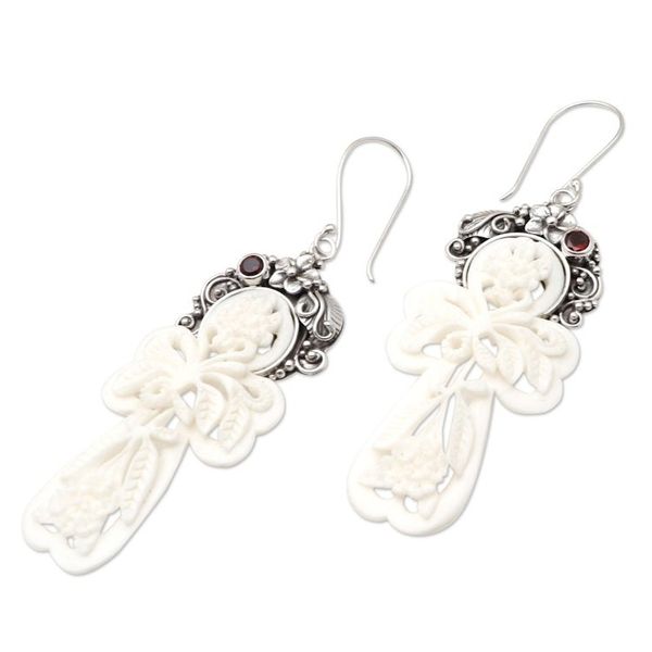 Alternate image for Garnet and Bone Floral Dangle Earrings Frangipani Summer