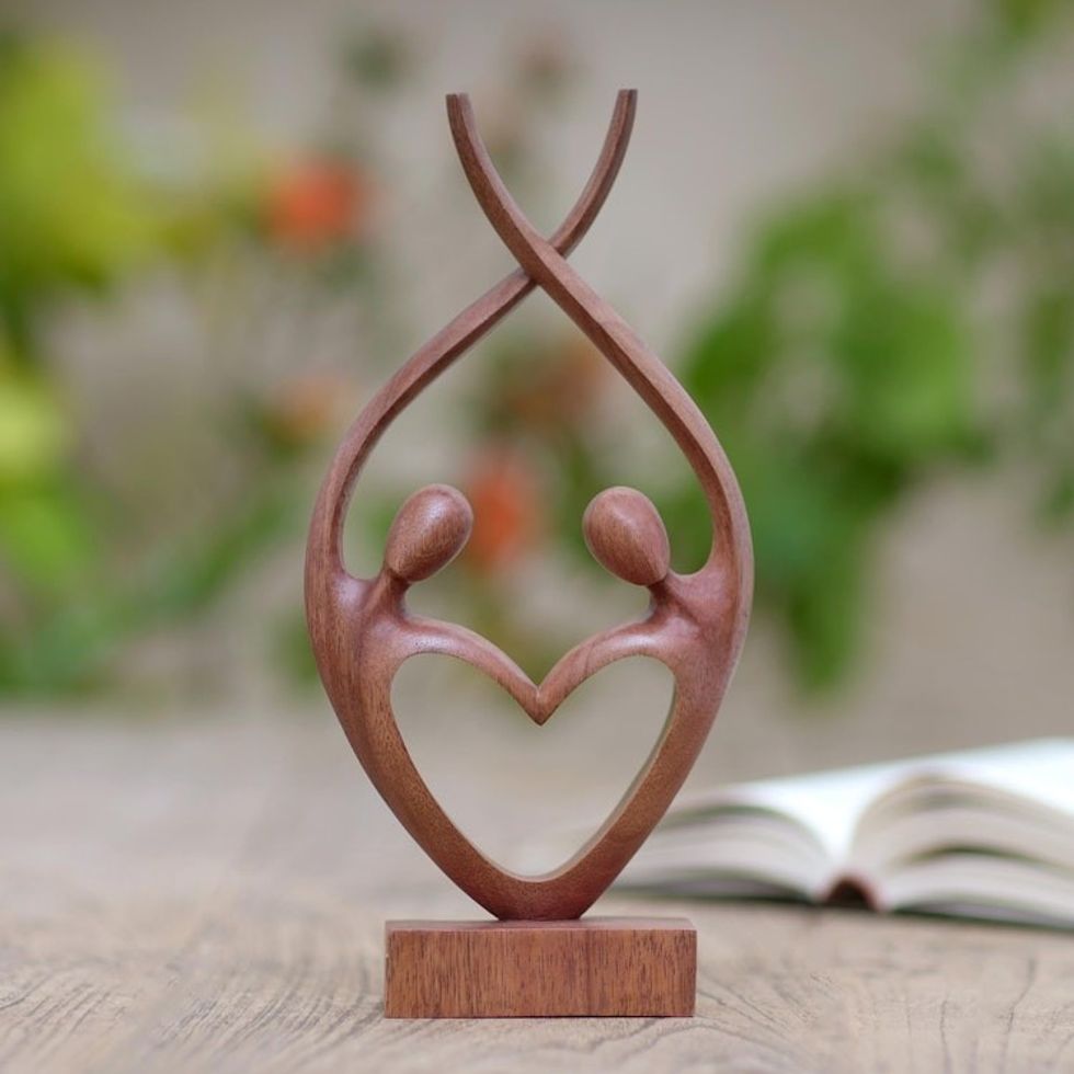 Hand Carved Suar Wood Romantic Sculpture 'Balanced Love'