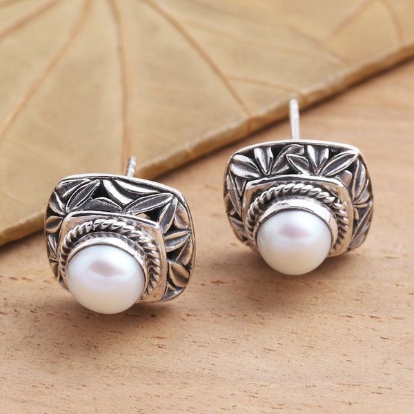 Alternate image for Cultured Pearl and Sterling Silver Button Earrings Leaves of Bamboo in White