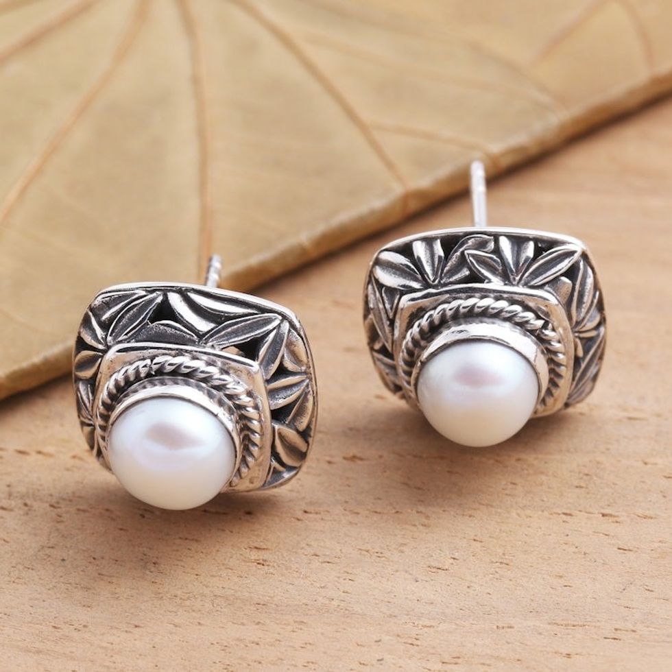 Cultured Pearl and Sterling Silver Button Earrings 'Leaves of Bamboo in White'