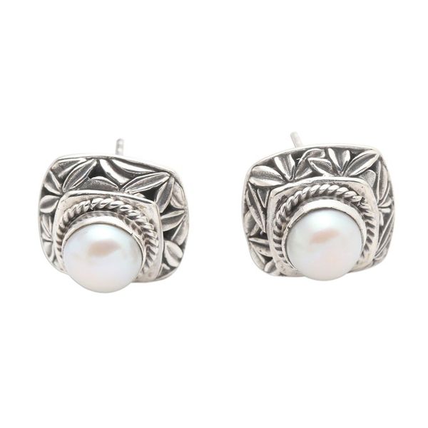 Alternate image for Cultured Pearl and Sterling Silver Button Earrings Leaves of Bamboo in White