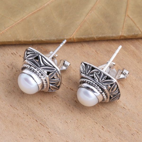 Alternate image for Cultured Pearl and Sterling Silver Button Earrings Leaves of Bamboo in White