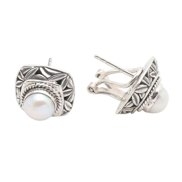 Alternate image for Cultured Pearl and Sterling Silver Button Earrings Leaves of Bamboo in White