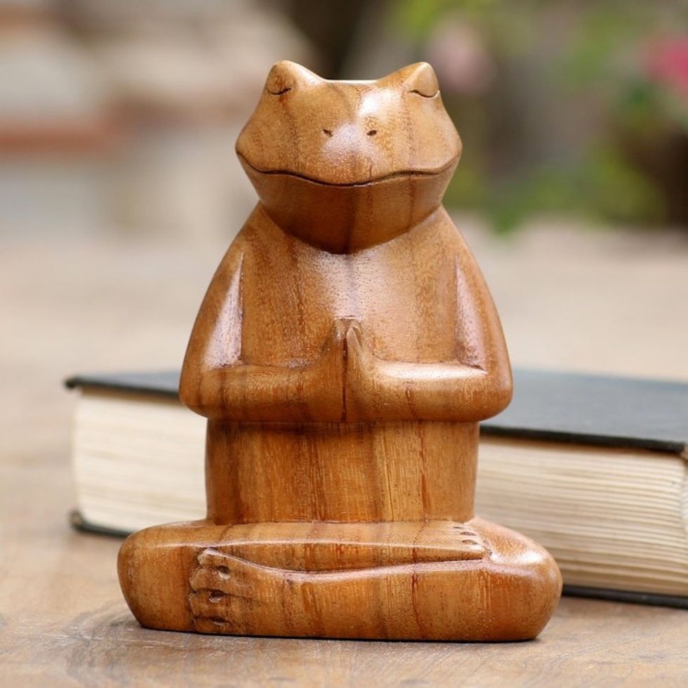Hand Carved Suar Wood Frog Statuette 'Deep in Meditation'
