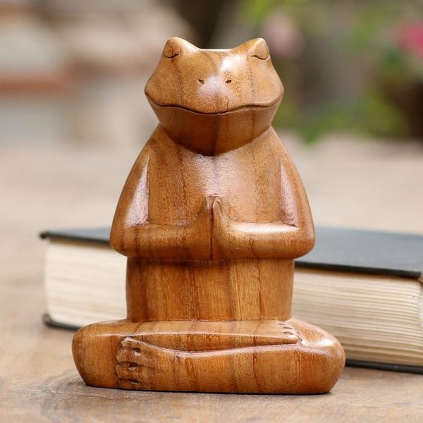Alternate image for Hand Carved Suar Wood Frog Statuette Deep in Meditation