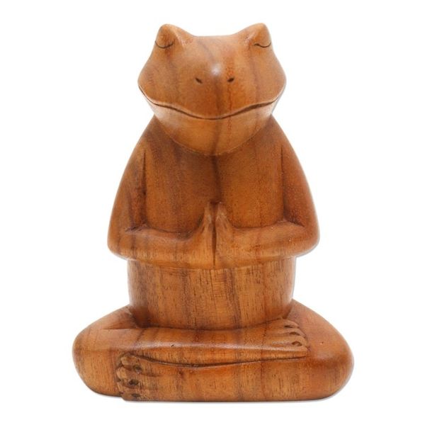 Alternate image for Hand Carved Suar Wood Frog Statuette Deep in Meditation