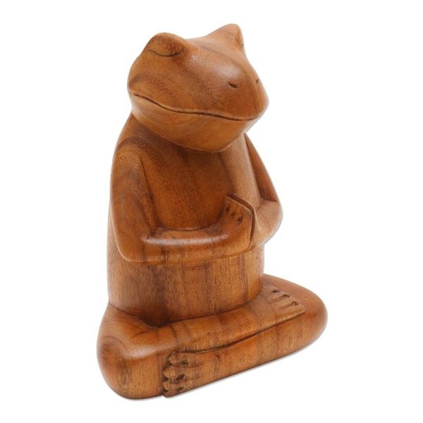 Alternate image for Hand Carved Suar Wood Frog Statuette Deep in Meditation