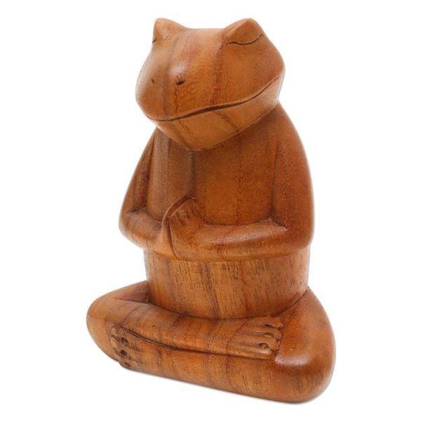 Alternate image for Hand Carved Suar Wood Frog Statuette Deep in Meditation