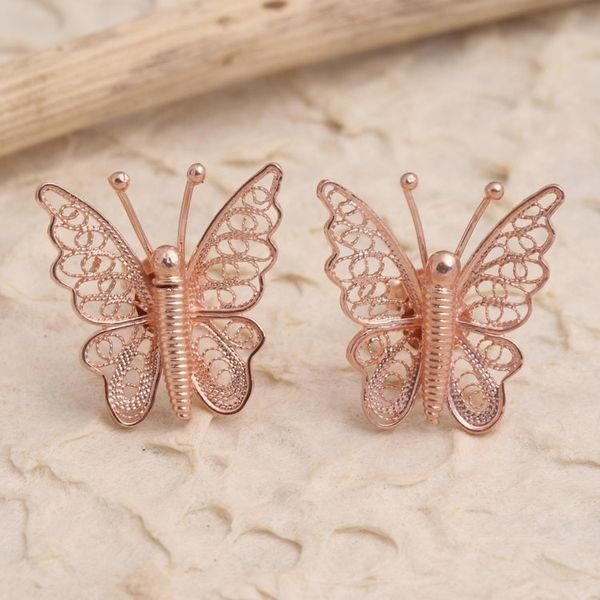 Alternate image for Hand Made Rose Gold Plated Butterfly Button Earrings Bright Butterflies