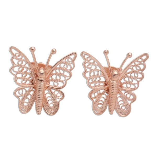 Alternate image for Hand Made Rose Gold Plated Butterfly Button Earrings Bright Butterflies