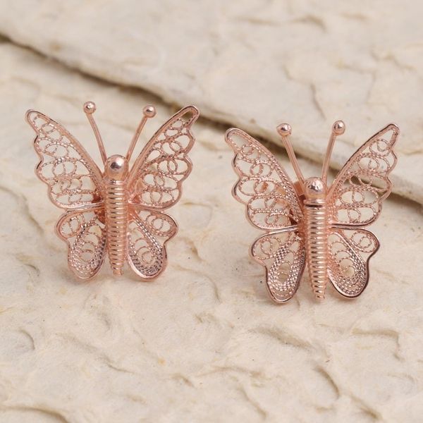 Alternate image for Hand Made Rose Gold Plated Butterfly Button Earrings Bright Butterflies