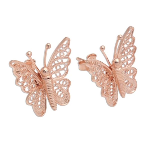 Alternate image for Hand Made Rose Gold Plated Butterfly Button Earrings Bright Butterflies