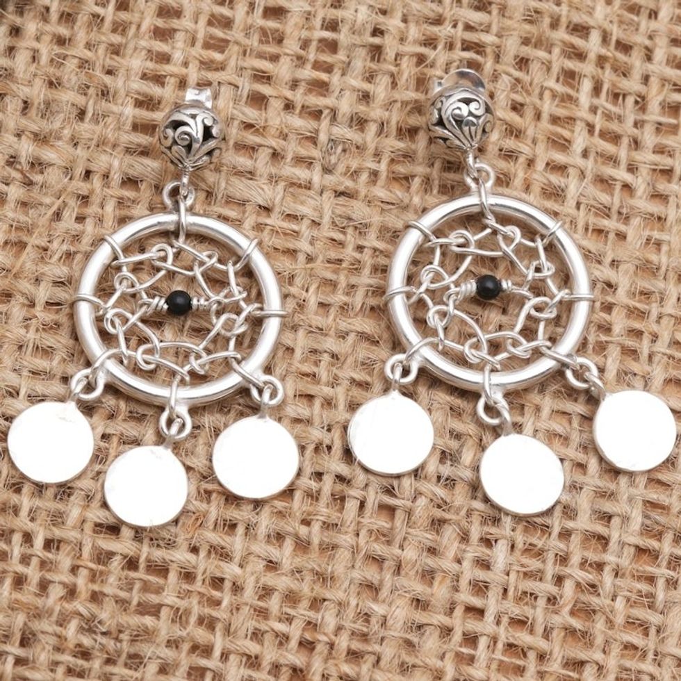 Sterling Silver and Onyx Dreamcatcher Earrings 'Dream Charmer in Black'