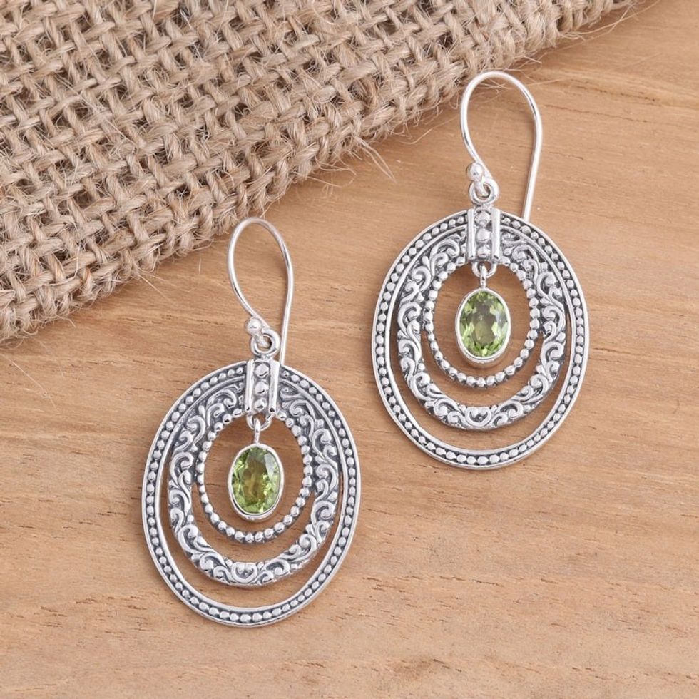 Concentric Circle Peridot Earrings Balinese Motif 'Inner Circles in Green'