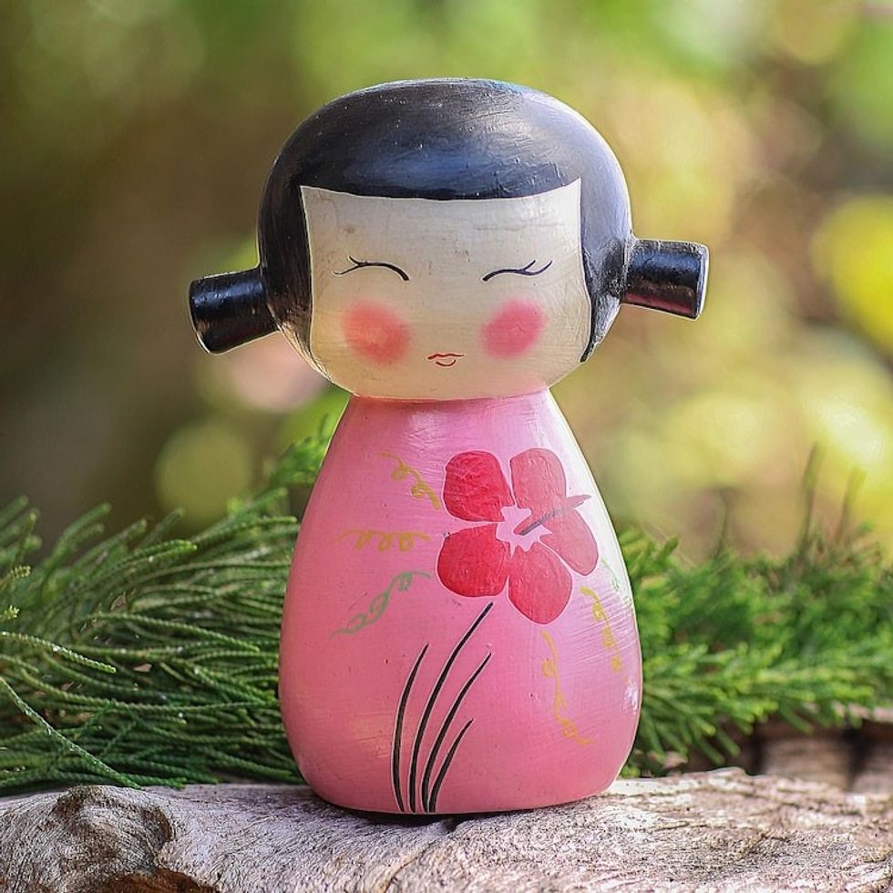 Small Albesia Wood Statuette in Pink 'Shy Lady in Pink'