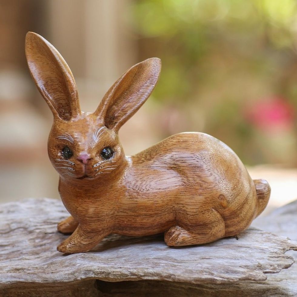 Handmade Suar Wood Rabbit Figurine 'Wise Rabbit in Brown'