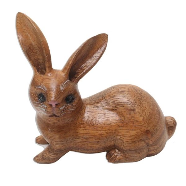 Alternate image for Handmade Suar Wood Rabbit Figurine Wise Rabbit in Brown