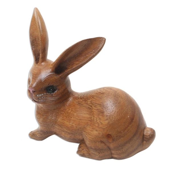 Alternate image for Handmade Suar Wood Rabbit Figurine Wise Rabbit in Brown