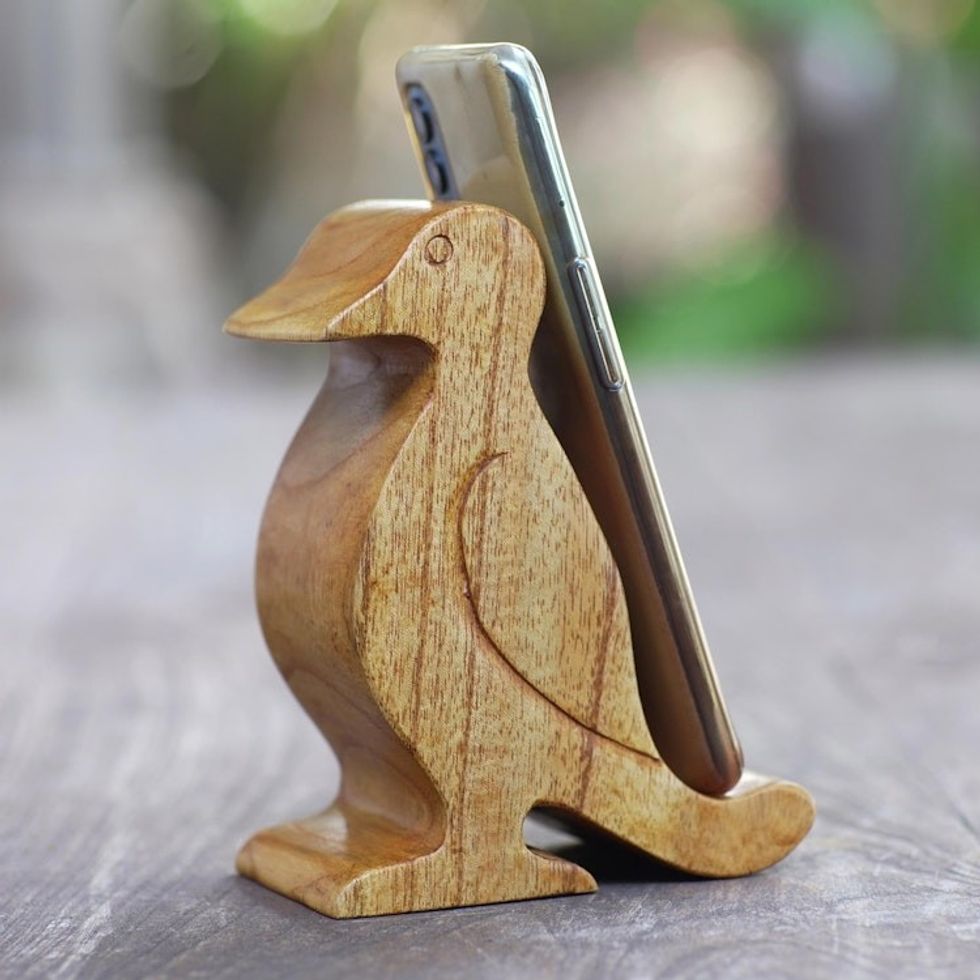 Hand Crafted Jempinis Wood Bird Phone Stand 'Dialing Bird'