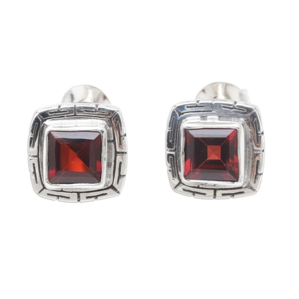 Sterling Silver and Faceted Garnet Button Earrings 'Courage to Love'
