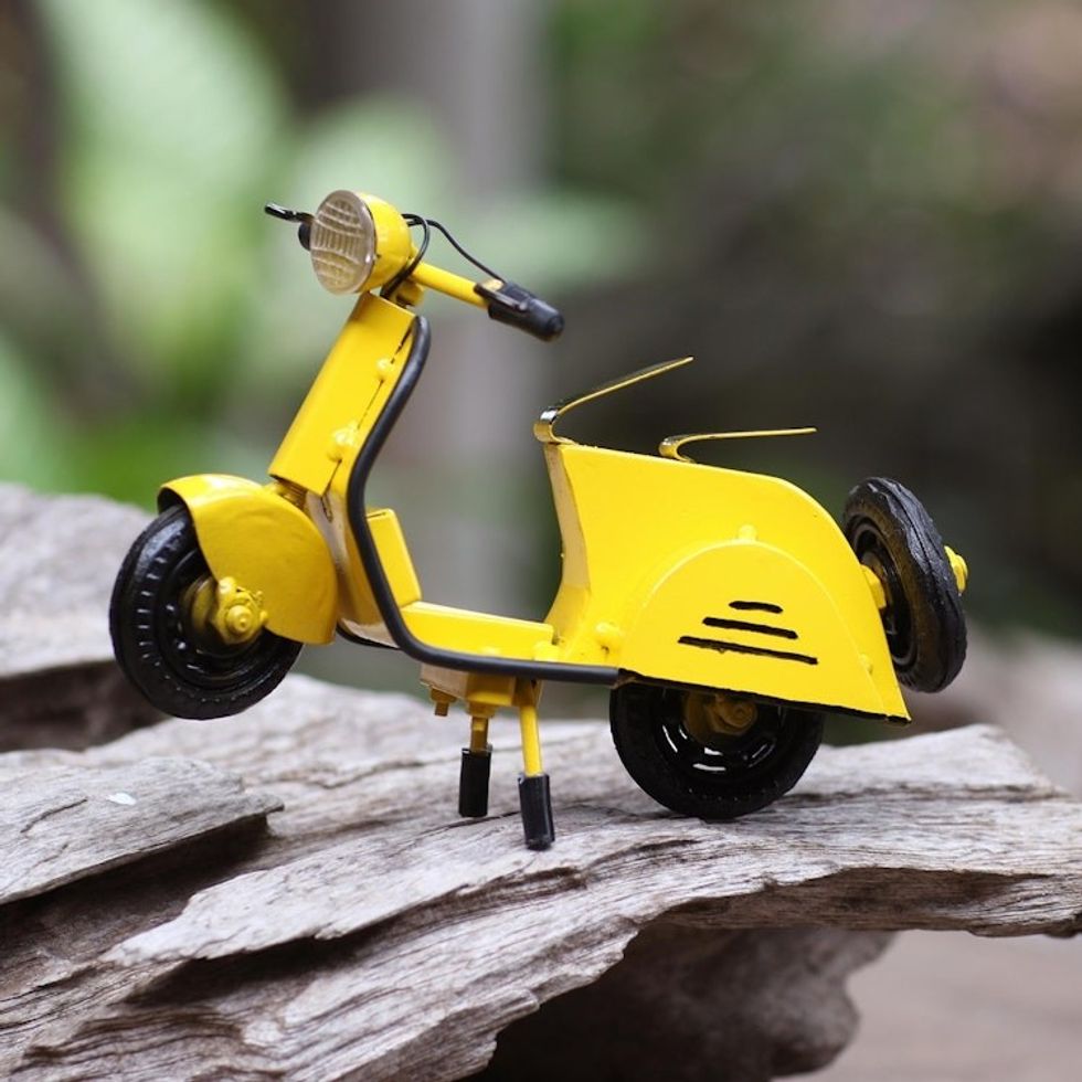 Artisan Crafted Recycled Metal Scooter Sculpture 'Spirited Scooter in Yellow'
