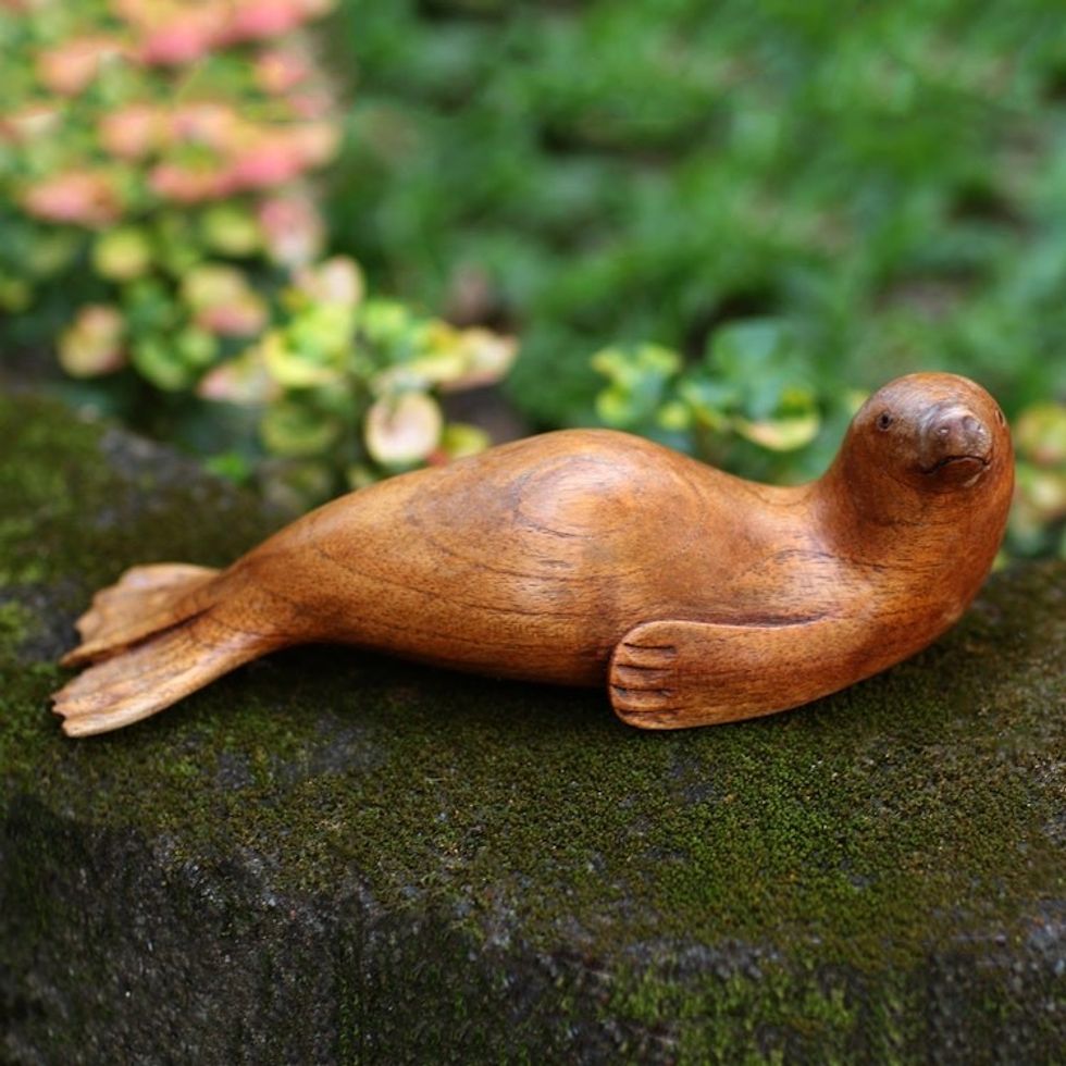 Hand Made Suar Wood Dugong Statuette 'Dugong Friend'