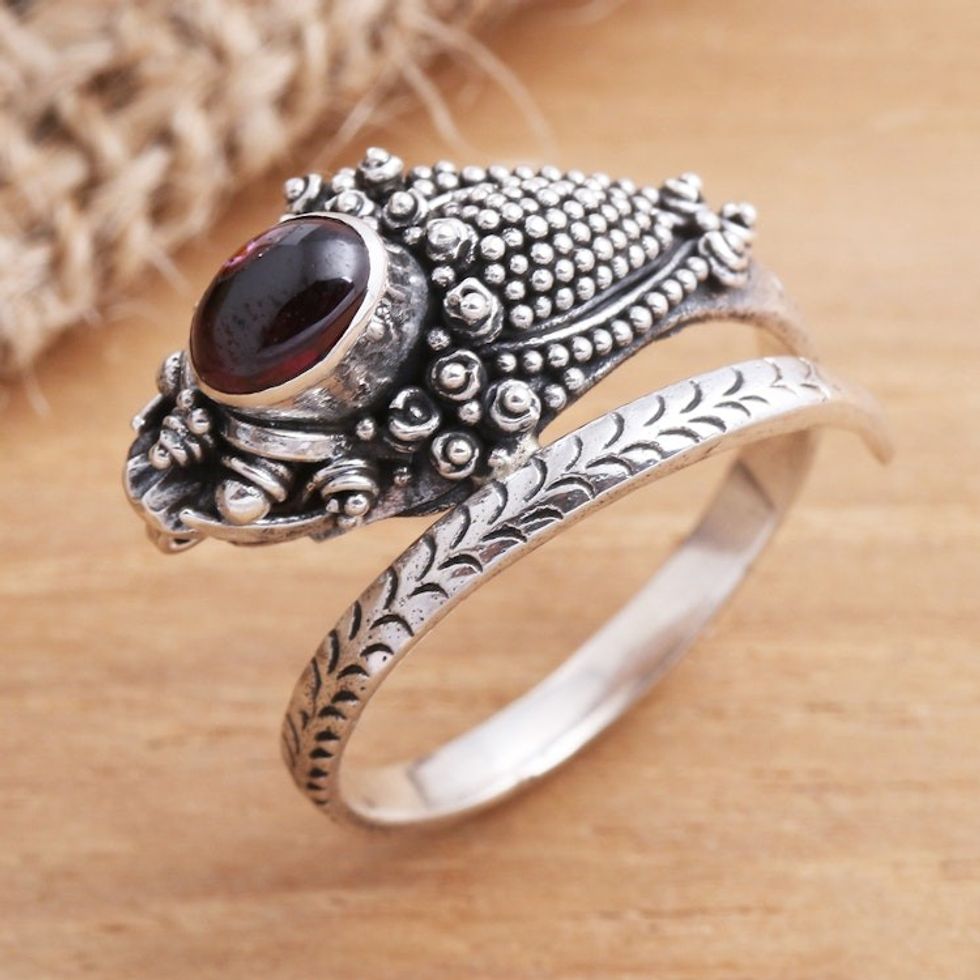 Wrap Snake Ring with Garnet Cabochon Sterling Silver 'Ready to Strike'