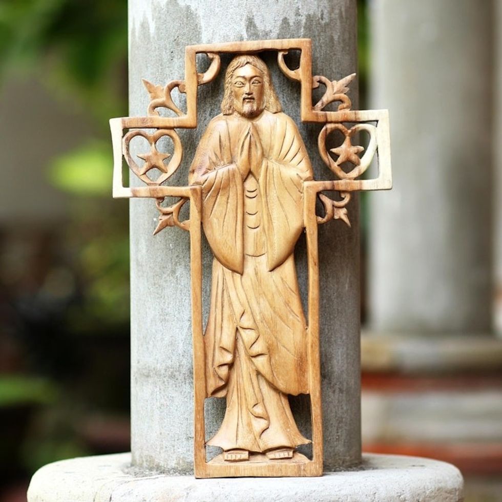 Christian-Themed Suar Wood Relief Panel 'Blessed Jesus'