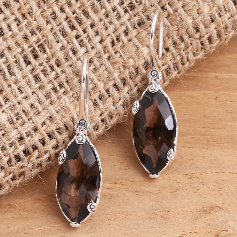 Checkerboard Faceted Smoky Quartz Drop Earrings 'Nepenthes in Brown'
