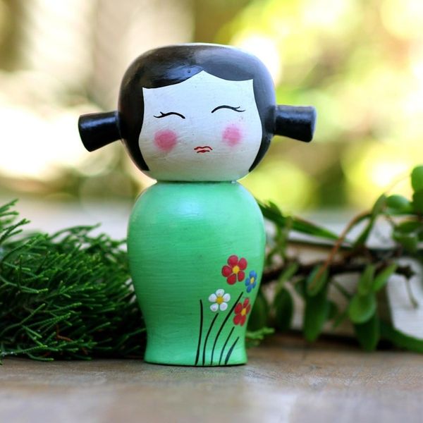 Alternate image for Small Albesia Wood Statuette in Green Shy Lady in Green