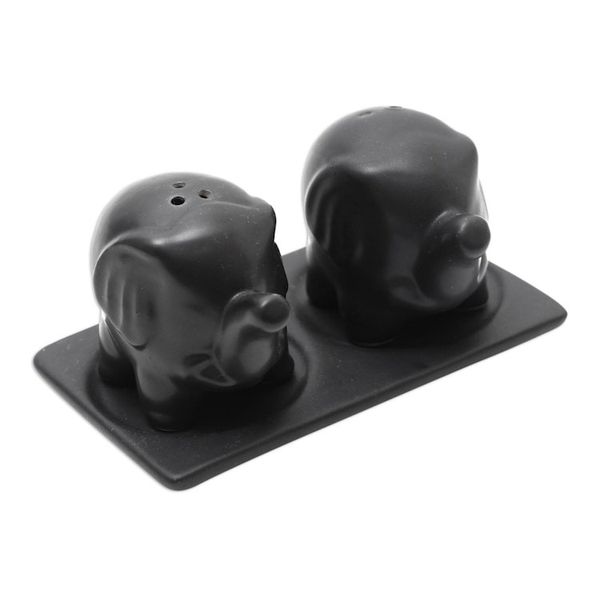 Alternate image for Matte Black Ceramic Elephant Salt and Pepper Set with Tray Eager Elephants in Black