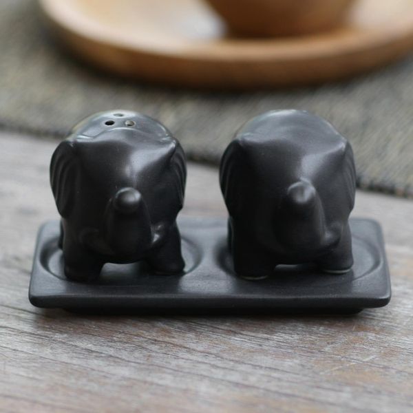 Alternate image for Matte Black Ceramic Elephant Salt and Pepper Set with Tray Eager Elephants in Black