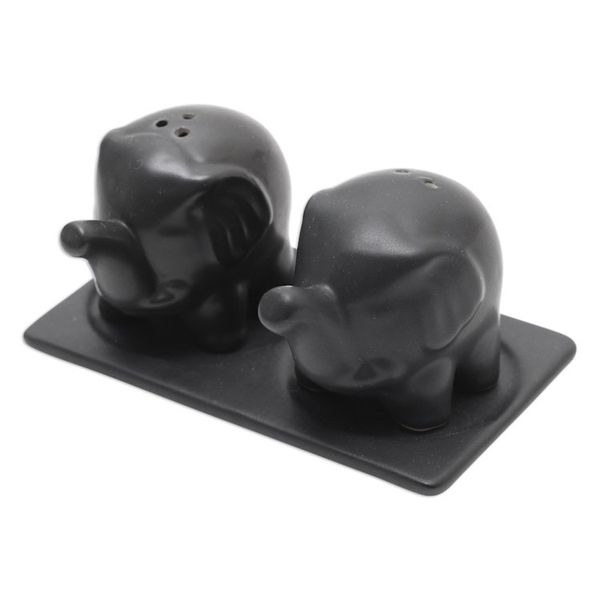 Alternate image for Matte Black Ceramic Elephant Salt and Pepper Set with Tray Eager Elephants in Black
