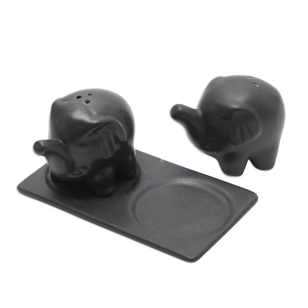 Alternate image for Matte Black Ceramic Elephant Salt and Pepper Set with Tray Eager Elephants in Black