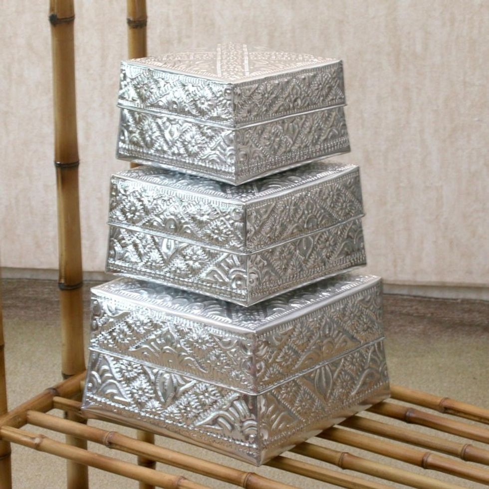 Handcrafted Decorative Aluminum Boxes Set of 3 'Lempuyang Sunset in Large'