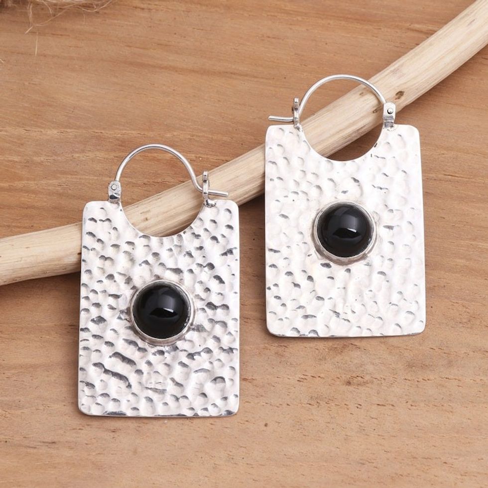 Rectangular Hammered Silver and Onyx Hoop Earrings 'Rectangular Shadow'