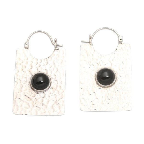 Alternate image for Rectangular Hammered Silver and Onyx Hoop Earrings Rectangular Shadow