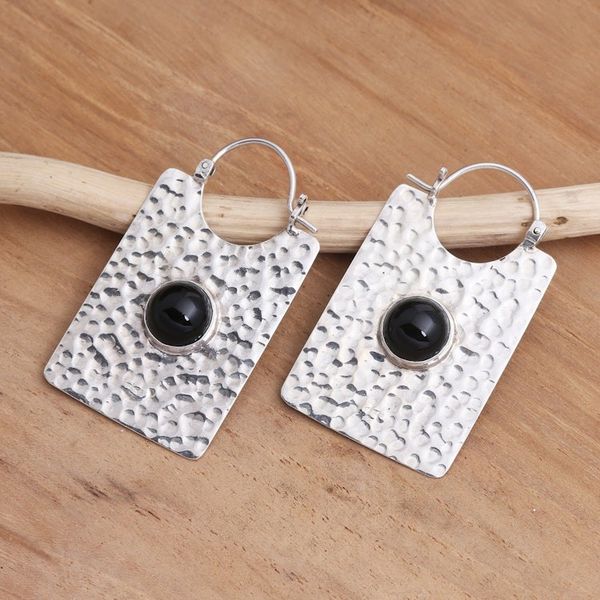 Alternate image for Rectangular Hammered Silver and Onyx Hoop Earrings Rectangular Shadow