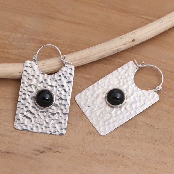 Alternate image for Rectangular Hammered Silver and Onyx Hoop Earrings Rectangular Shadow