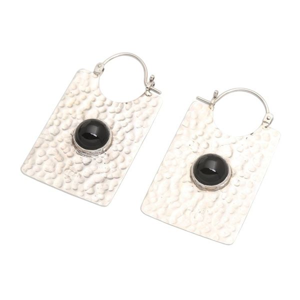 Alternate image for Rectangular Hammered Silver and Onyx Hoop Earrings Rectangular Shadow