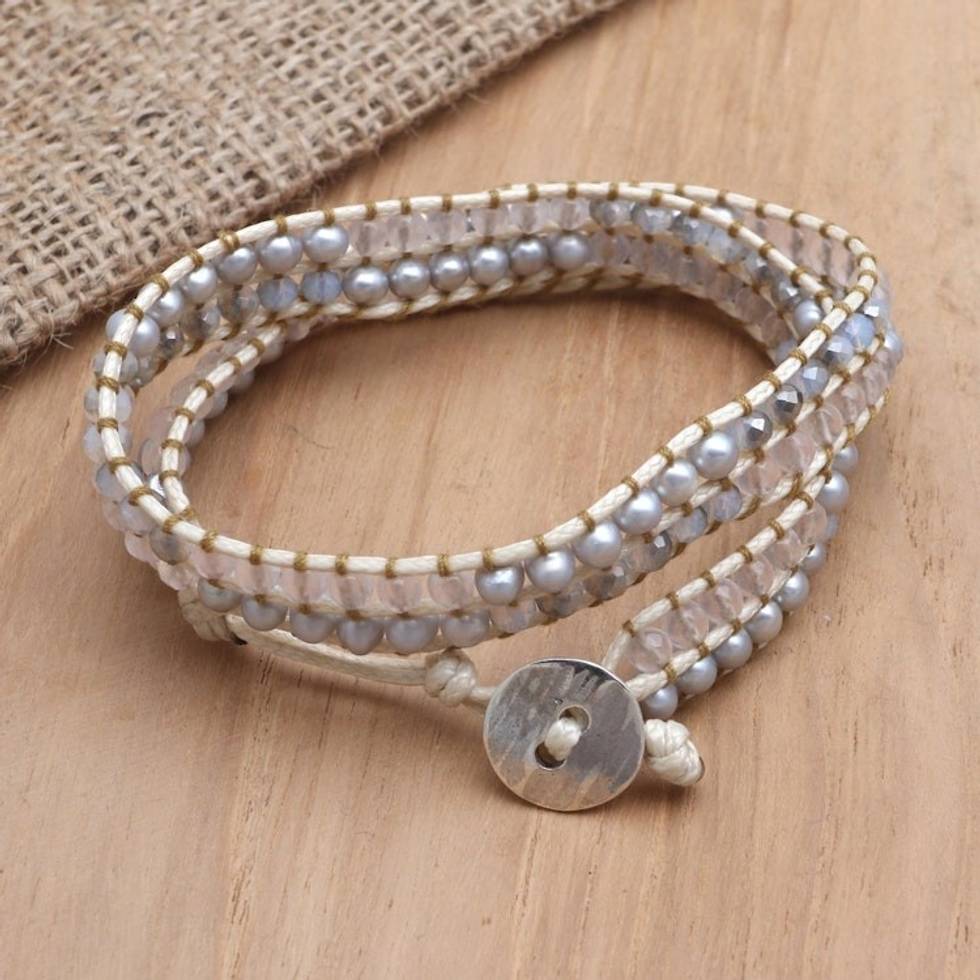 Quartz and Crystal Wrap Bracelet from Bali 'Grey Dove'